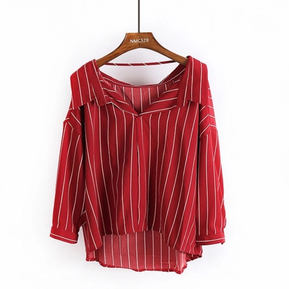 Hong Tai Lang Red & White Stripe Long Sleeves Dip-Back Shirt Women's Size S - Picture 4 of 14